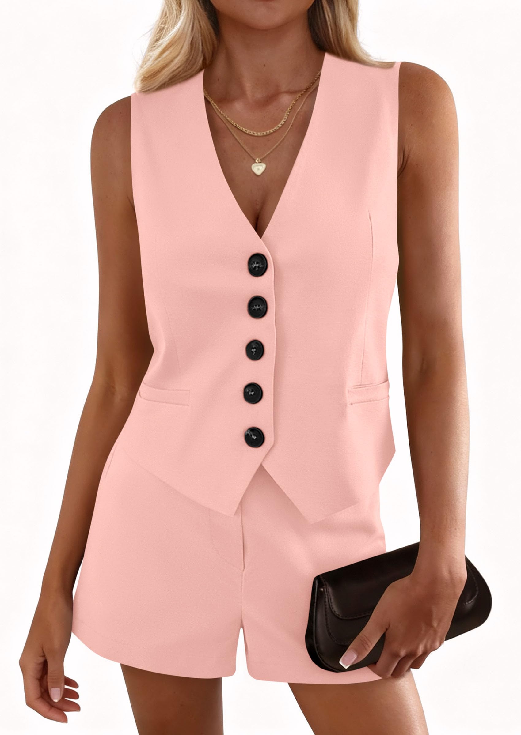 PRETTYGARDEN 2 Piece Sets for Women Spring Fashion Button Vest Tops High Waist Shorts Summer Business Casual Outfits PRETTYGARDEN