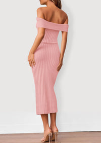 Women's Off The Shoulder Sweater Dresses 2025 Summer Elegant Ribbed Knit Midi Bodycon Wedding Guest Dress