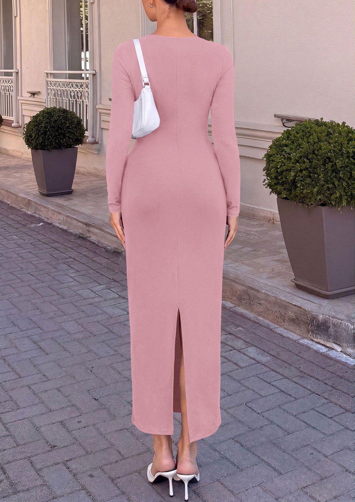 PRETTYGARDEN Women's Long Sleeve Ruched Bodycon Maxi Dress | Wedding Guest Dresses, Twist Knot Waist, Back Slit, Slim Fitted, Formal Wear, Cocktail Holiday Party, Date Night Fall Outfits