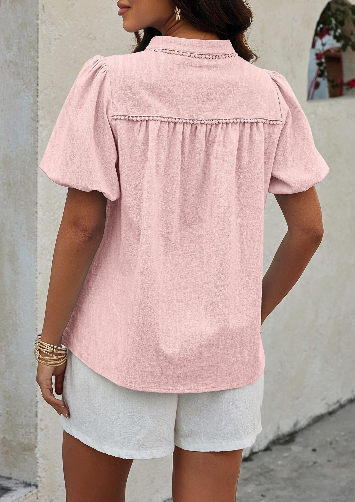 Womens Casual Summer V Neck Short Puff Sleeve Pleated Cotton Loose Dressy Blouses