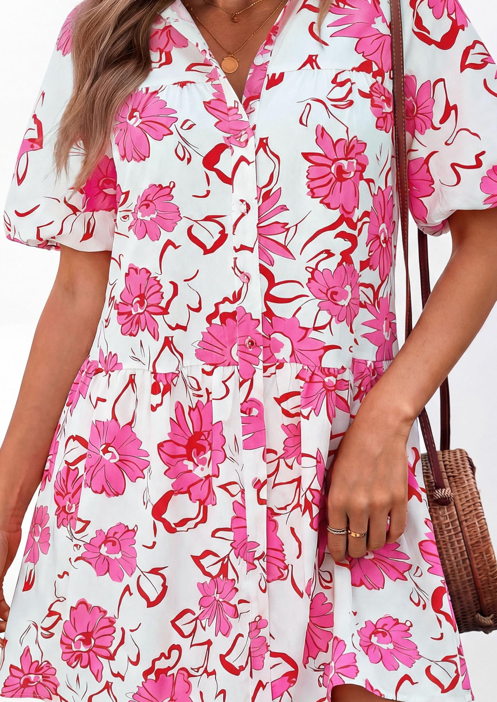 PRETTYGARDEN Womens Summer Dresses 2026 Casual Puff Sleeve Button Down Mini Shirt Dress Boho Floral Babydoll Sun Dress PRETTYGARDEN