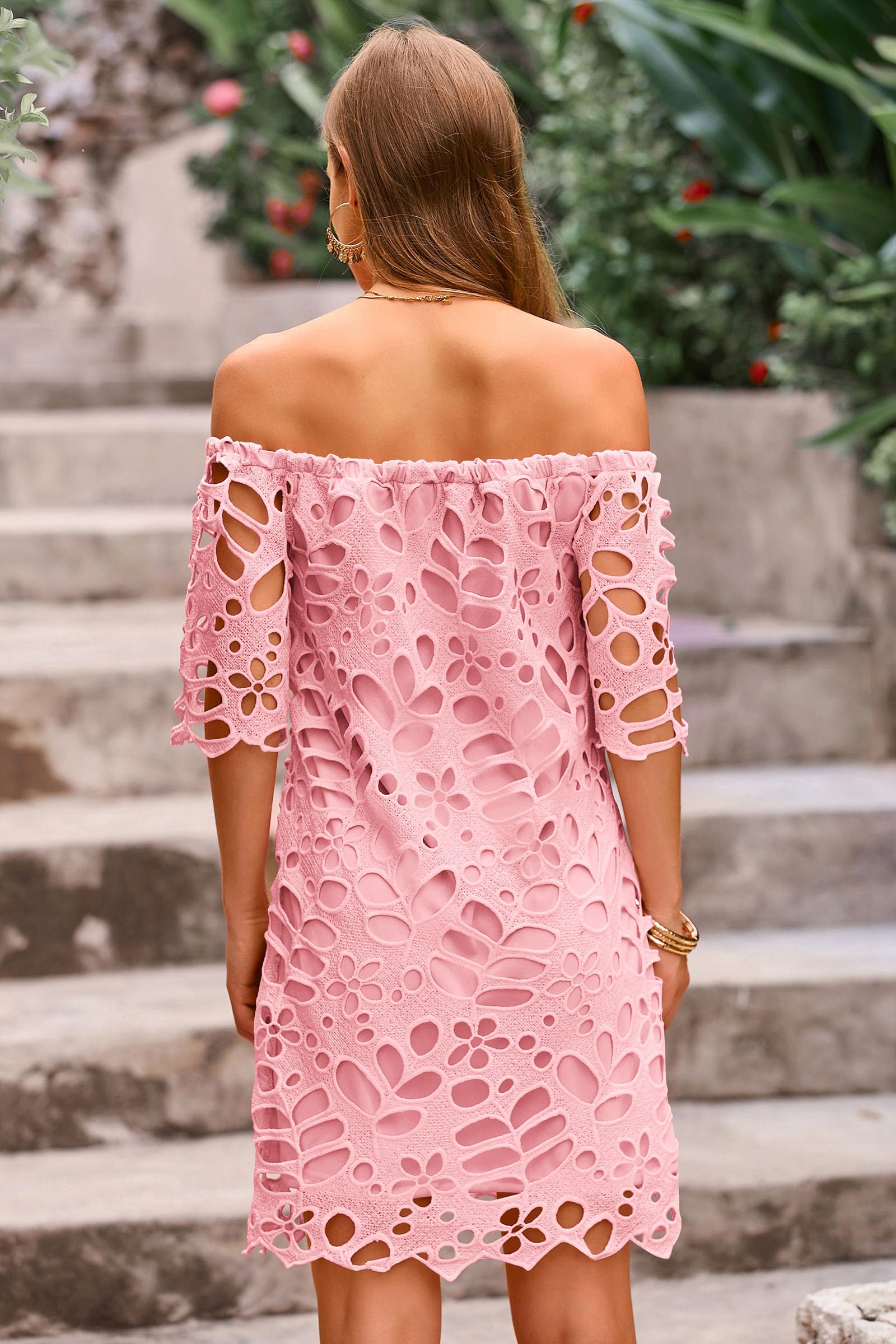 PRETTYGARDEN Women's Summer Off Shoulder Dresses Floral Lace Flare Short Sleeve Spring Vintage Elegant Mini Dress