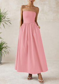 PRETTYGARDEN Women Summer Elegant Strapless Maxi Dress Tube Top Dress A Line Flowy Long Wedding Party Cocktail Dresses