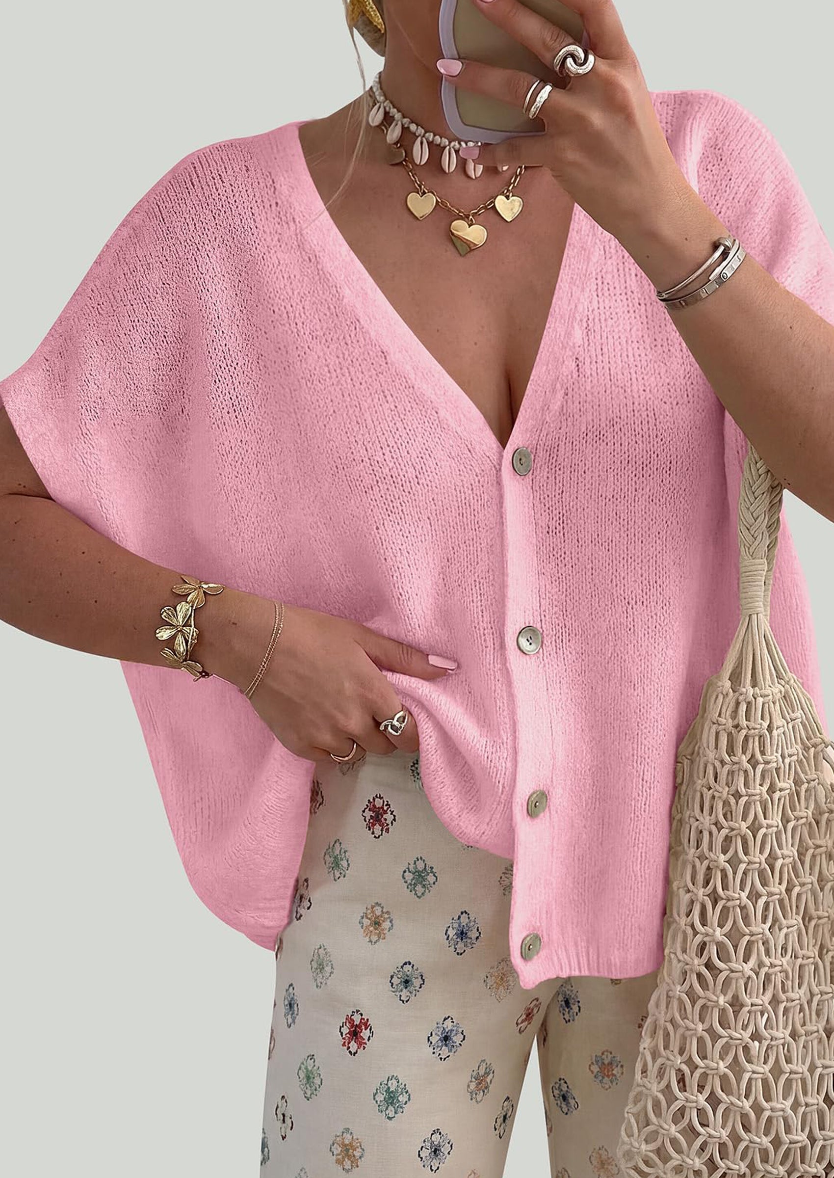 PRETTYGARDEN Batwing Short Sleeve Summer Cardigan Sweaters for Women Lightweight V Neck Button Oversized Sweater Tops PRETTYGARDEN