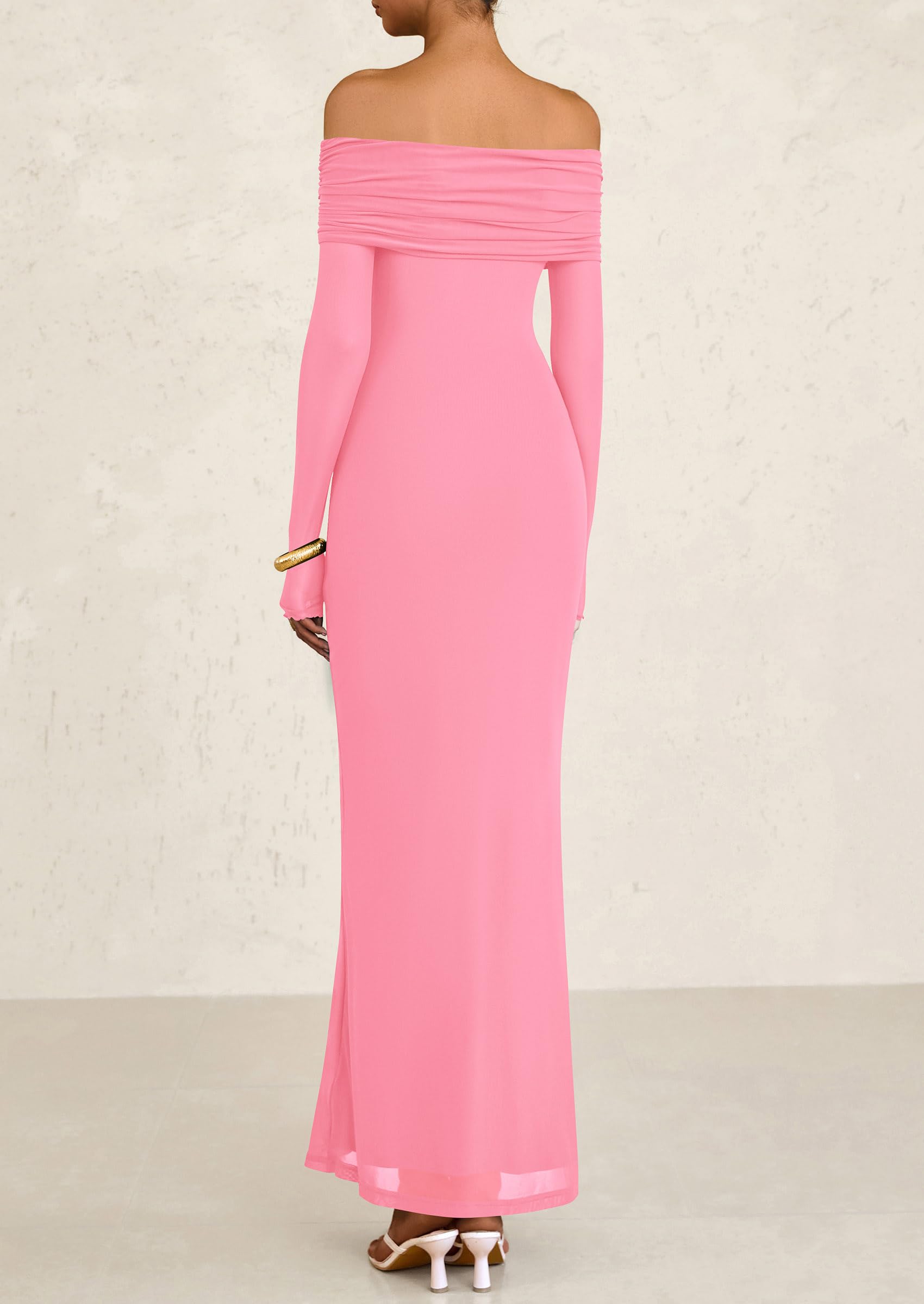 PRETTYGARDEN Off The Shoulder Dresses for Women Mesh Long Sleeve Baby Shower Formal Wedding Guest Dress