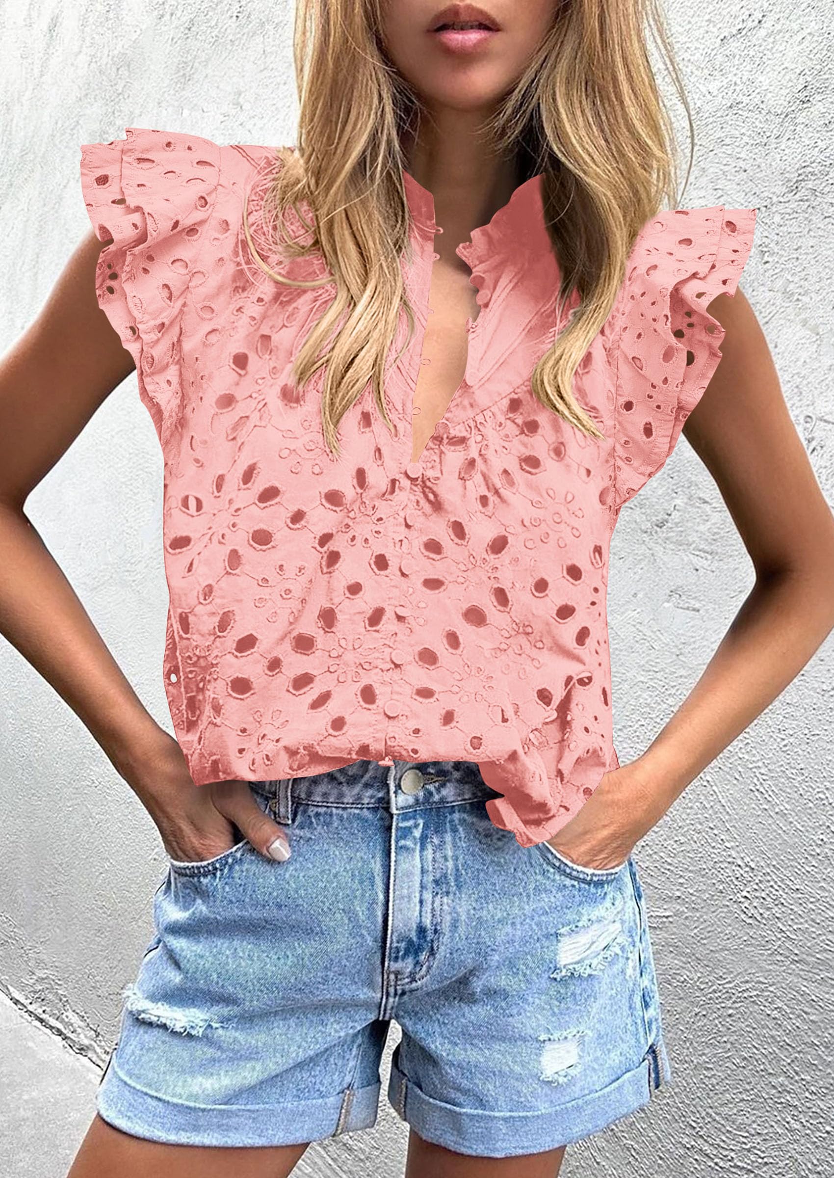 PRETTYGARDEN Womens Summer Tops 2025 Dressy Casual Ruffle Cap Sleeve Button V Neck Embroidered Eyelet Blouses Shirts