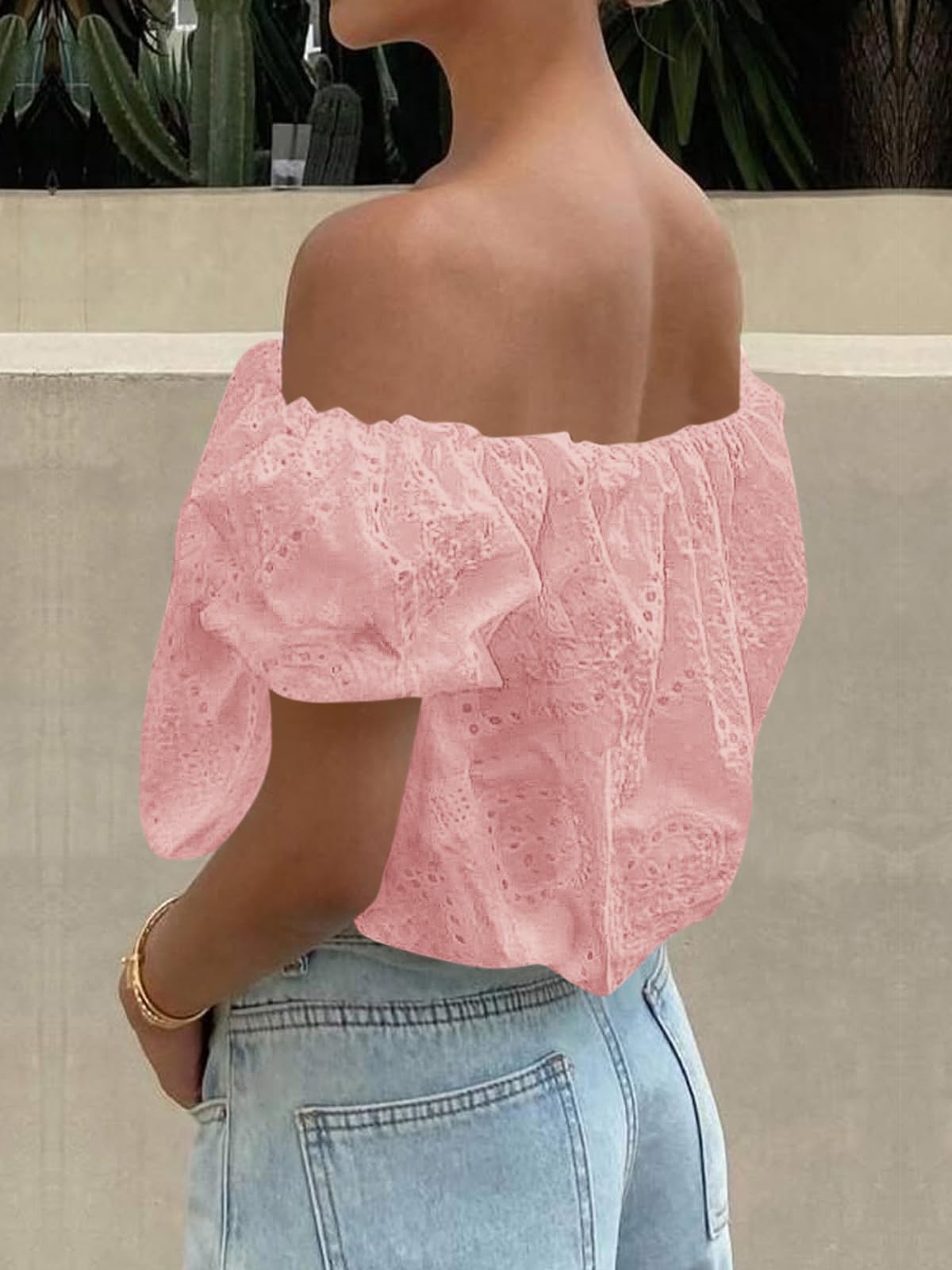 PRETTYGARDEN Women's Summer Off The Shoulder Tops Dressy Casual Puff Short Sleeve Embroidered Eyelet Cute Blouse Shirts PRETTYGARDEN