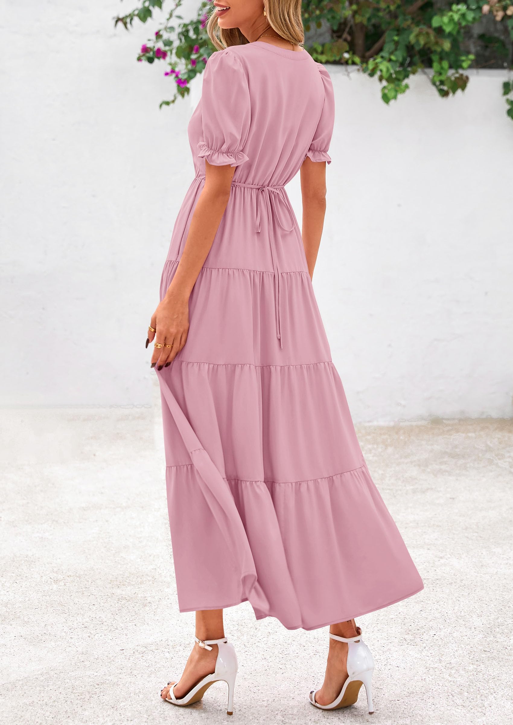 PRETTYGARDEN Women's Casual Short Sleeve V Neck Midi Dresses Spring A-line Tiered Wedding Guest Dress