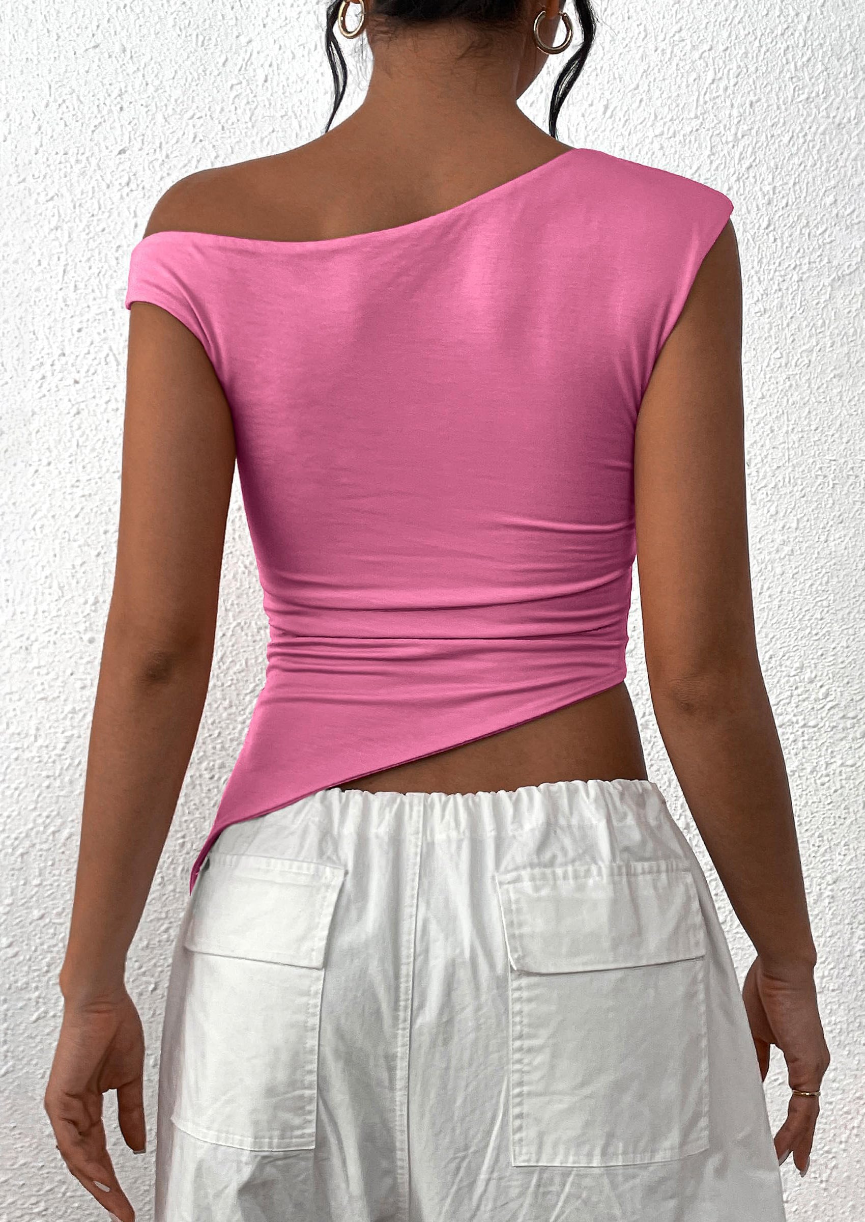 PRETTYGARDEN Womens Off The Shoulder Tops Summer Sleeveless One Shoulder Ruched Asymmetrical Y2K Going Out Crop Tank Top