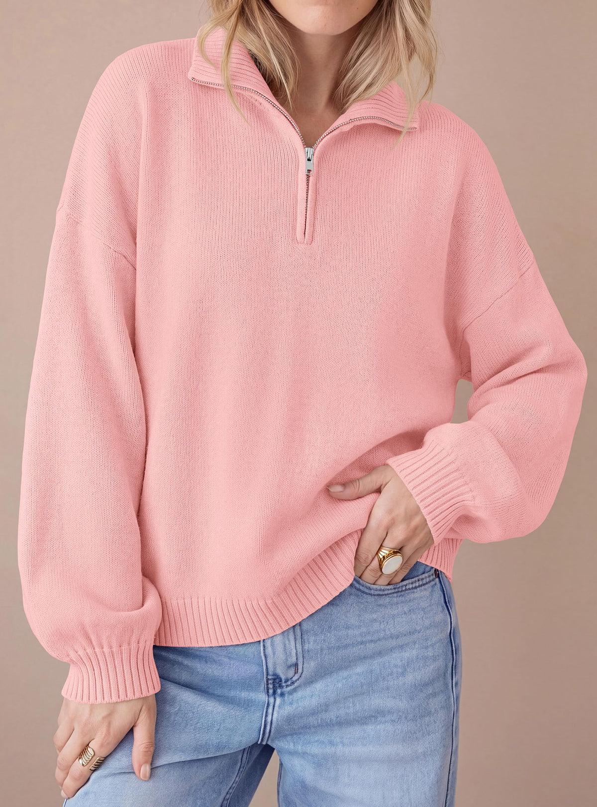 PRETTYGARDEN Women's Quarter Zip Pullover Oversized Sweaters | Collared Neck, Long Balloon Sleeve, Jumper Tops, Soft Cozy Knit, Ribbed Hem, Loose Fit, Fall Outfits, Winter Fashion Clothing
