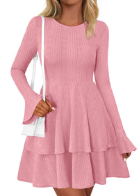 PRETTYGARDEN Womens Spring Fashion Long Bell Sleeve Mini Sweater Dress Casual Crewneck A Line Knit Short Cocktail Dresses - PRETTYGARDEN