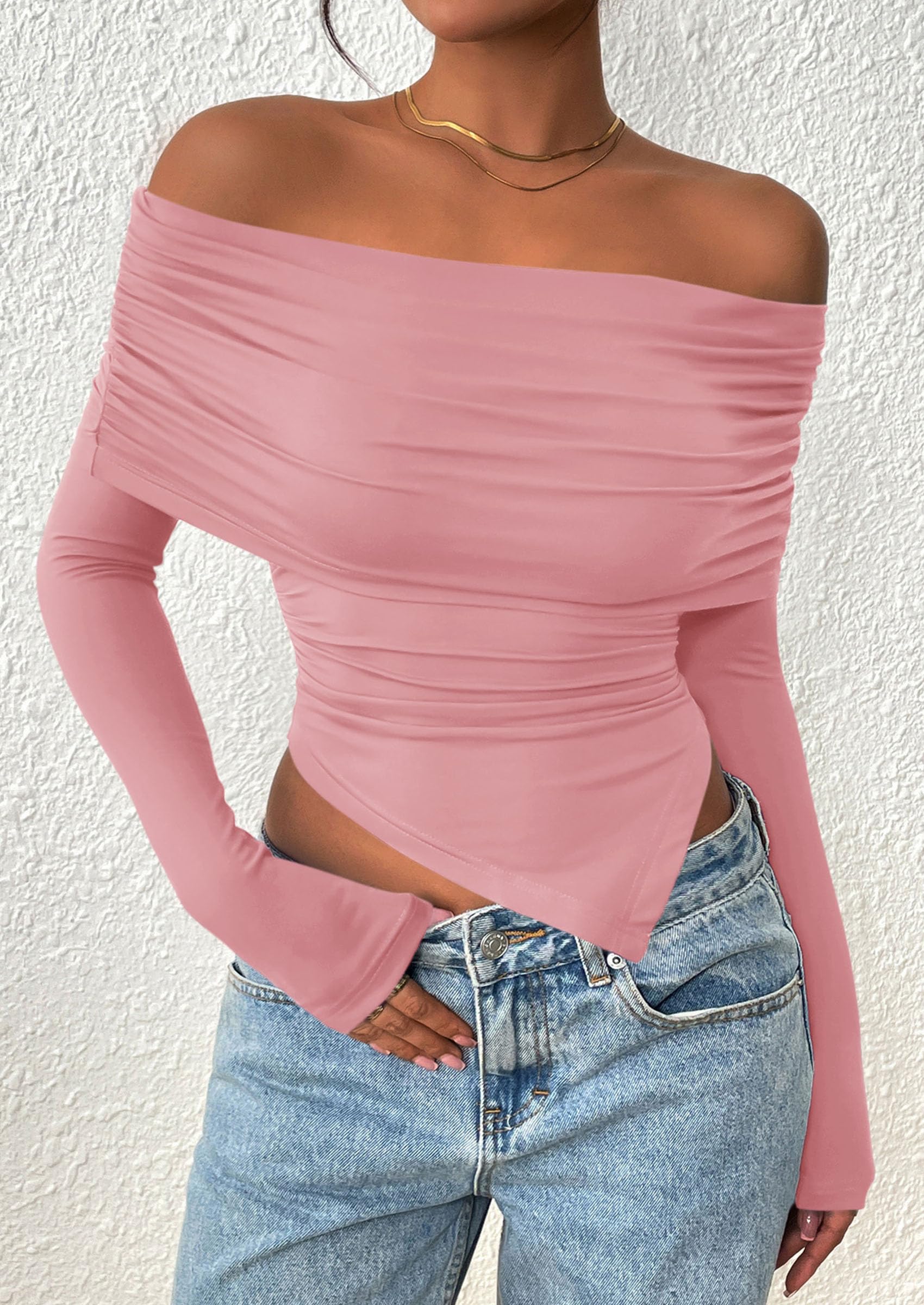 PRETTYGARDEN Women's Long Sleeve Shirts Off Shoulder Tops Going Out Slim Fitted Y2K Blouses Fall Fashion Clothes