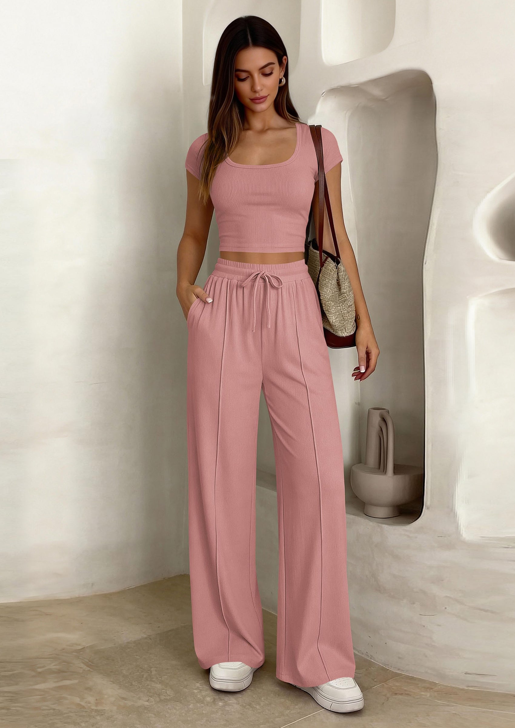 PRETTYGARDEN Women's 2 Piece Matching Lounge Sets Ribbed Short Sleeve Crop Tops Wide Leg Pants Summer Airport Outfits PRETTYGARDEN