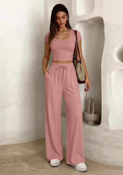 PRETTYGARDEN Women's 2 Piece Matching Lounge Sets Ribbed Short Sleeve Crop Tops Wide Leg Pants Summer Airport Outfits PRETTYGARDEN