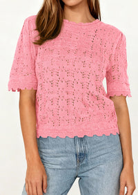 PRETTYGARDEN Women's Short Sleeve Sweater Trendy Crochet Summer Tops Casual Hollow Out Shirts Beach Vacation Clothes PRETTYGARDEN