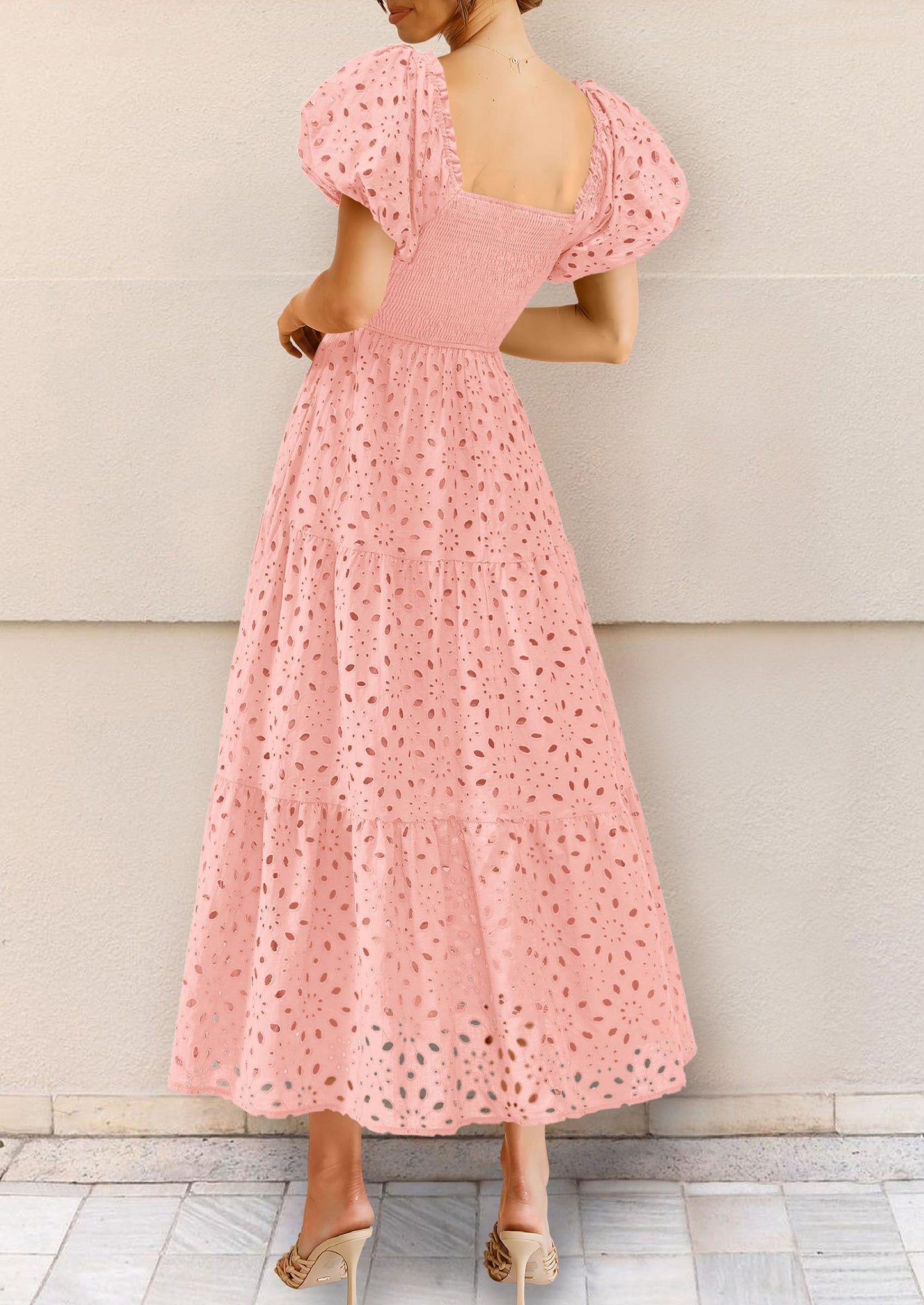 Summer Dresses for Women 2025 Eyelet Square Neck Puff Sleeve Smocked Wedding Guest Maxi Dress with Pockets