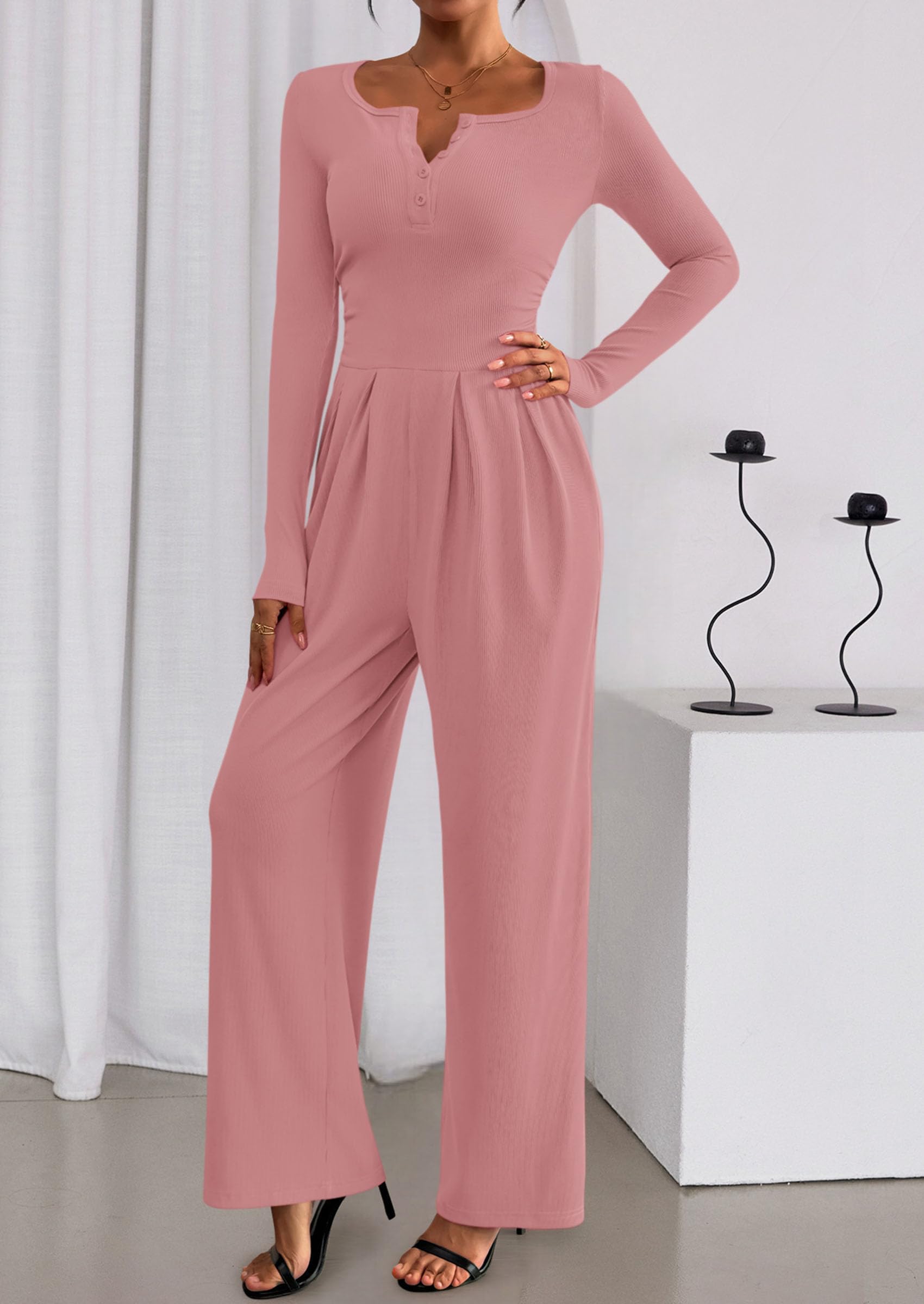 PRETTYGARDEN Jumpsuits for Women Dressy Casual Fall One Piece Outfits Long Sleeve Crew Neck Wide Leg Pants Rompers