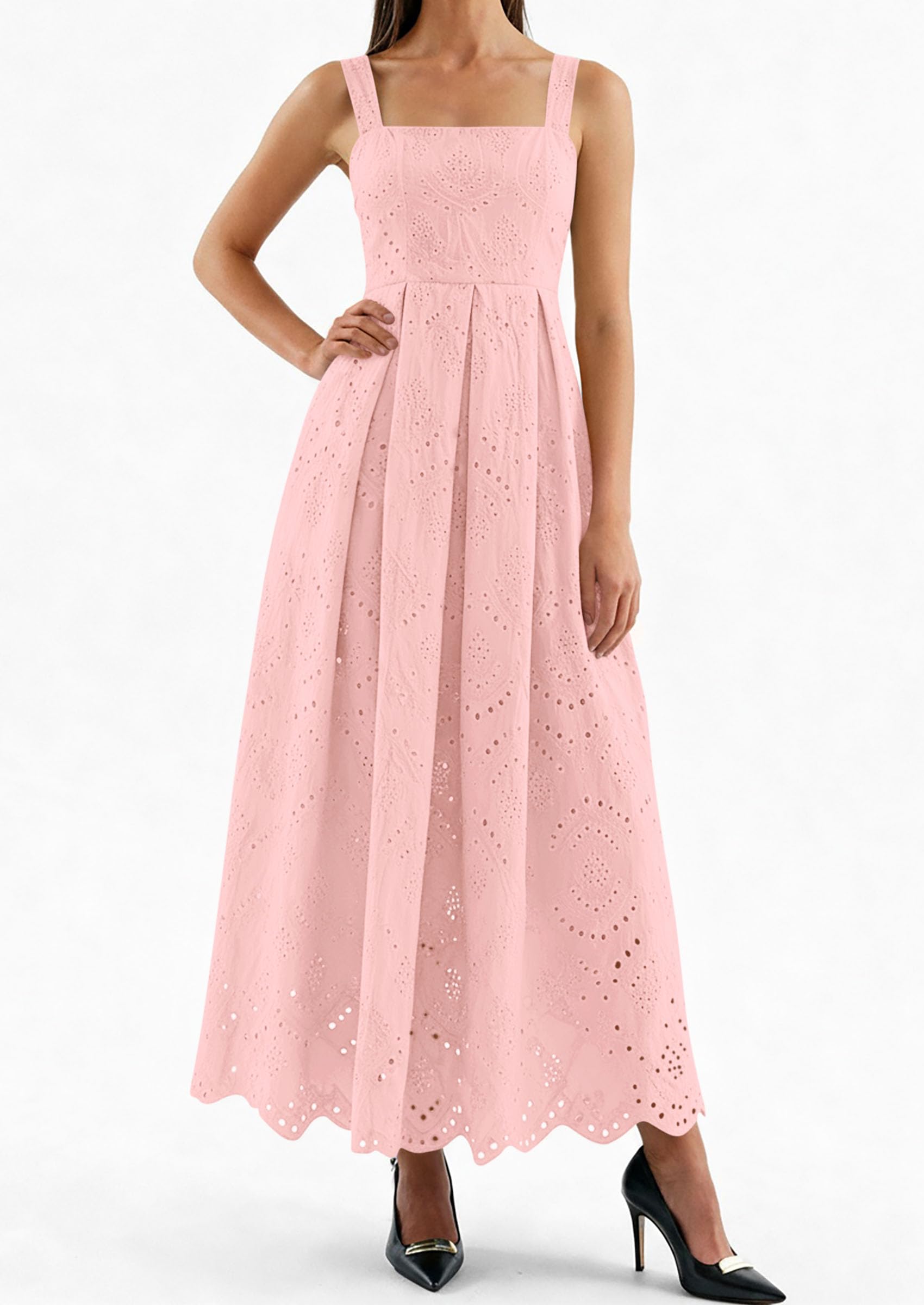 PRETTYGARDEN Womens Sleeveless Maxi Summer Dresses Hollow Out Eyelet Square Neck Ruffle Flowy Beach Vacation Sundress PRETTYGARDEN