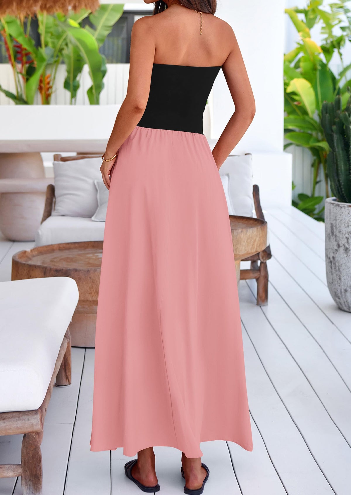 Women's 2025 Summer Strapless Maxi Dresses Patchwork Long Flowy Elegant Going Out Tube Top Dress with Pockets