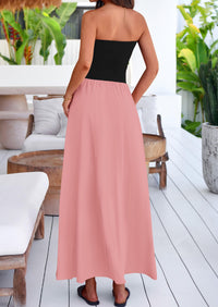 Women's 2025 Summer Strapless Maxi Dresses Patchwork Long Flowy Elegant Going Out Tube Top Dress with Pockets