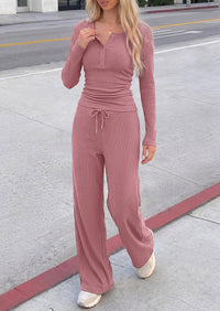 PRETTYGARDEN Two Piece Lounge Sets for Women Fall Fashion,Long Sleeve Henley,High Waisted Wide Leg Pants,Matching Holiday Vacation,Airport Travel Outfits