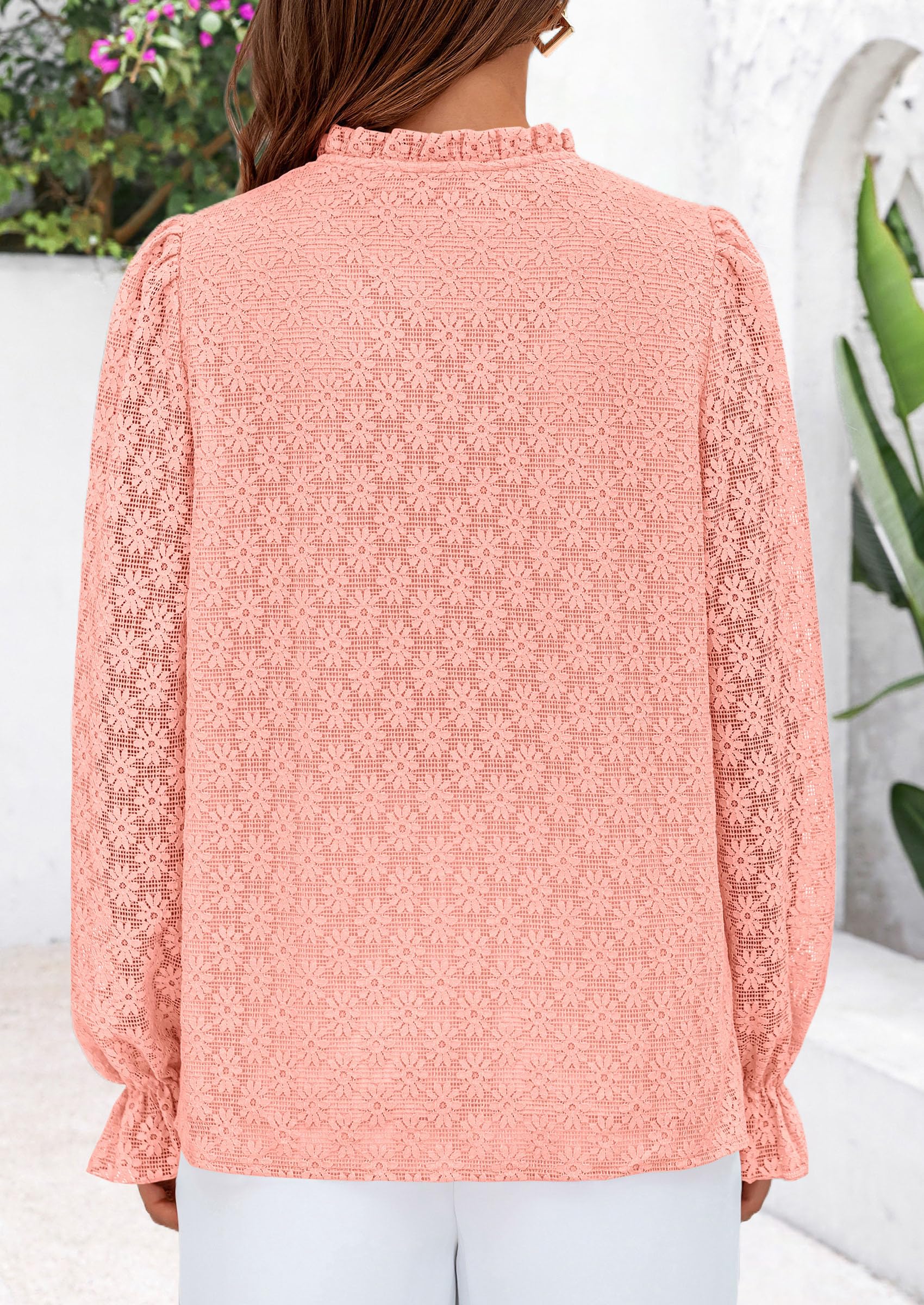 PRETTYGARDEN Lace Long Sleeve Tops for Women Eyelet Blouses Dressy Casual Hollow Out Button Down Shirts Summer Outfits