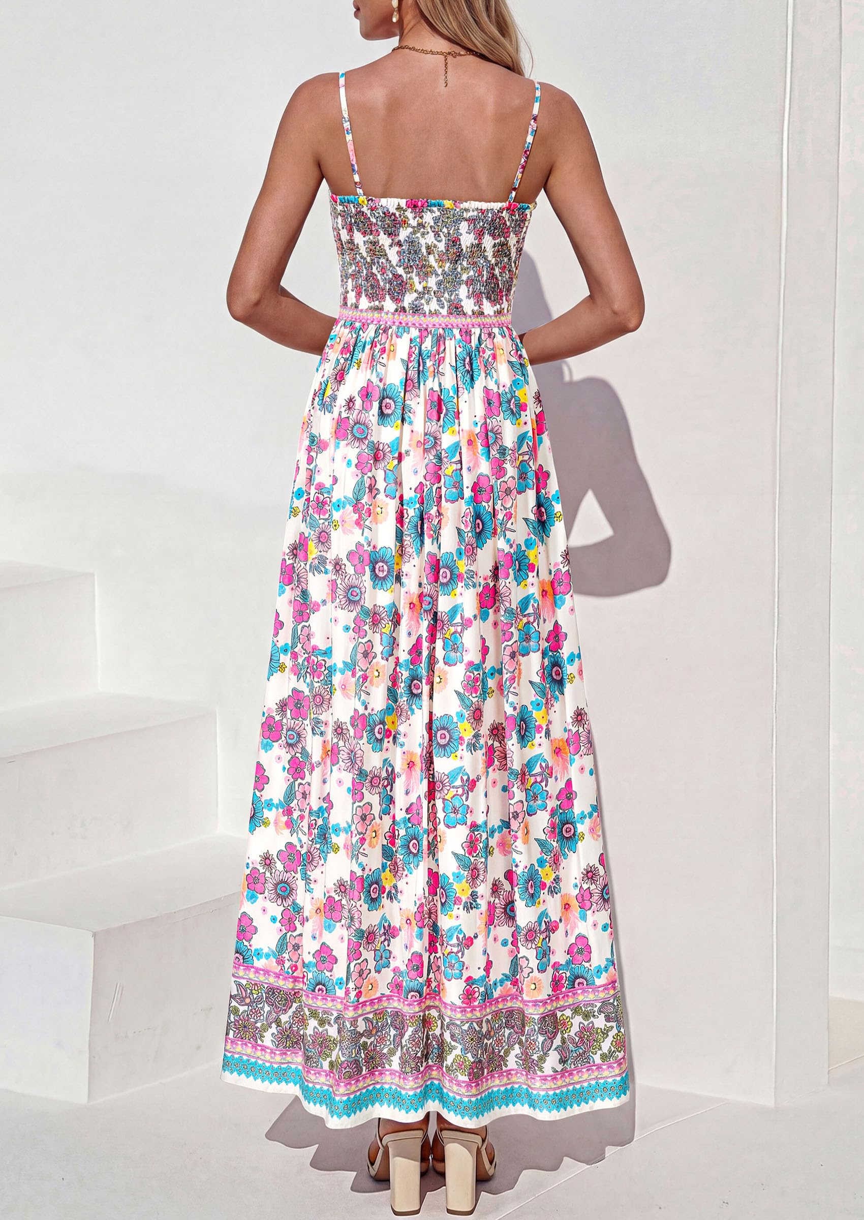 PRETTYGARDEN Womens Floral Maxi Dress Boho Casual Summer Spaghetti Strap Smocked Sleeveless Flowy Beach Vacation Dresses