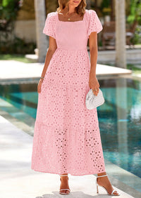 PRETTYGARDEN Dresses for Women Eyelet Square Neck Puff Sleeve Smocked Wedding Guest Maxi Dress with Pockets