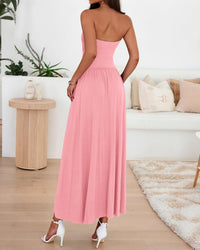 BTFBM Summer Maxi Dresses for Women Strapless Ruched Tube Top Beach Vacation Spring Wedding Guest Dress Pockets PRETTYGARDEN