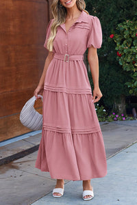 Summer Puff Short Sleeve Lapel V Neck Tiered A Line Flowy Party Dresses With Belt