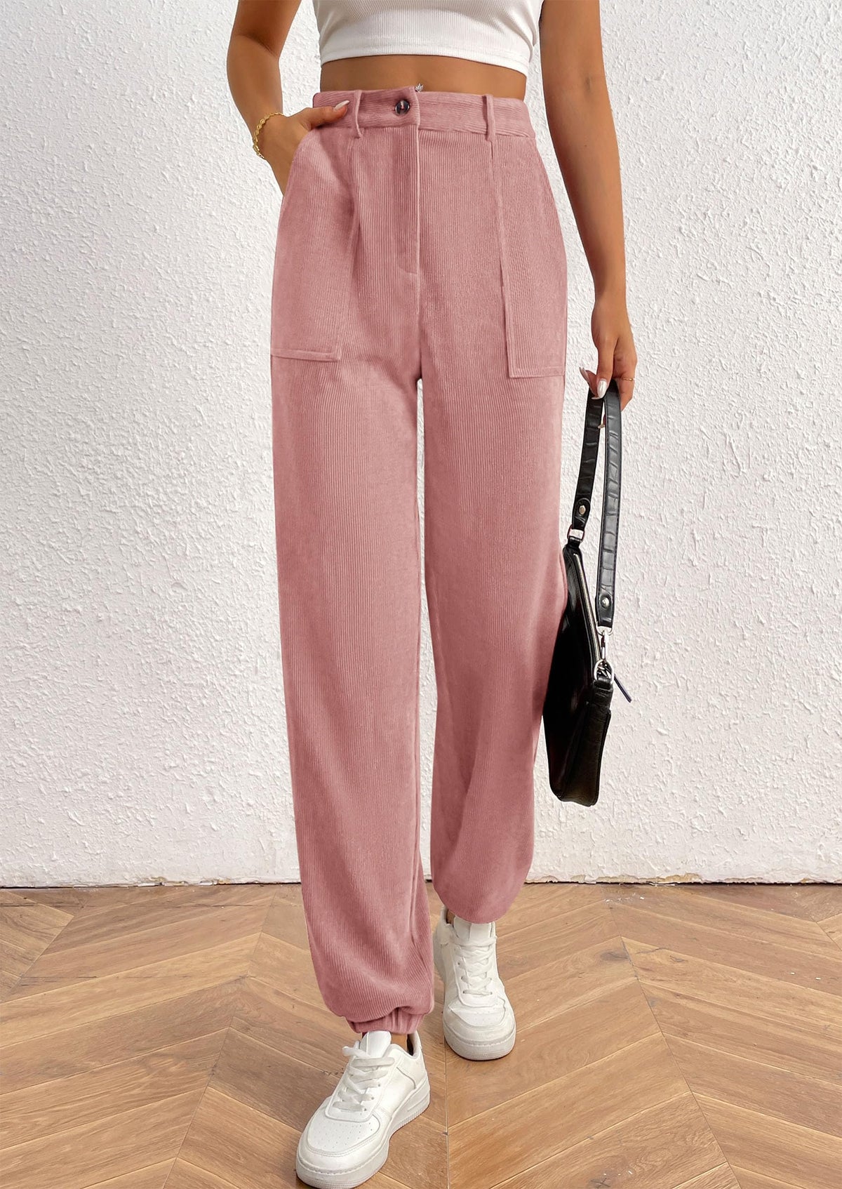 Women's Dressy Casual Pants Elastic High Waisted Work Office Corduroy Trouser Slacks with Pockets