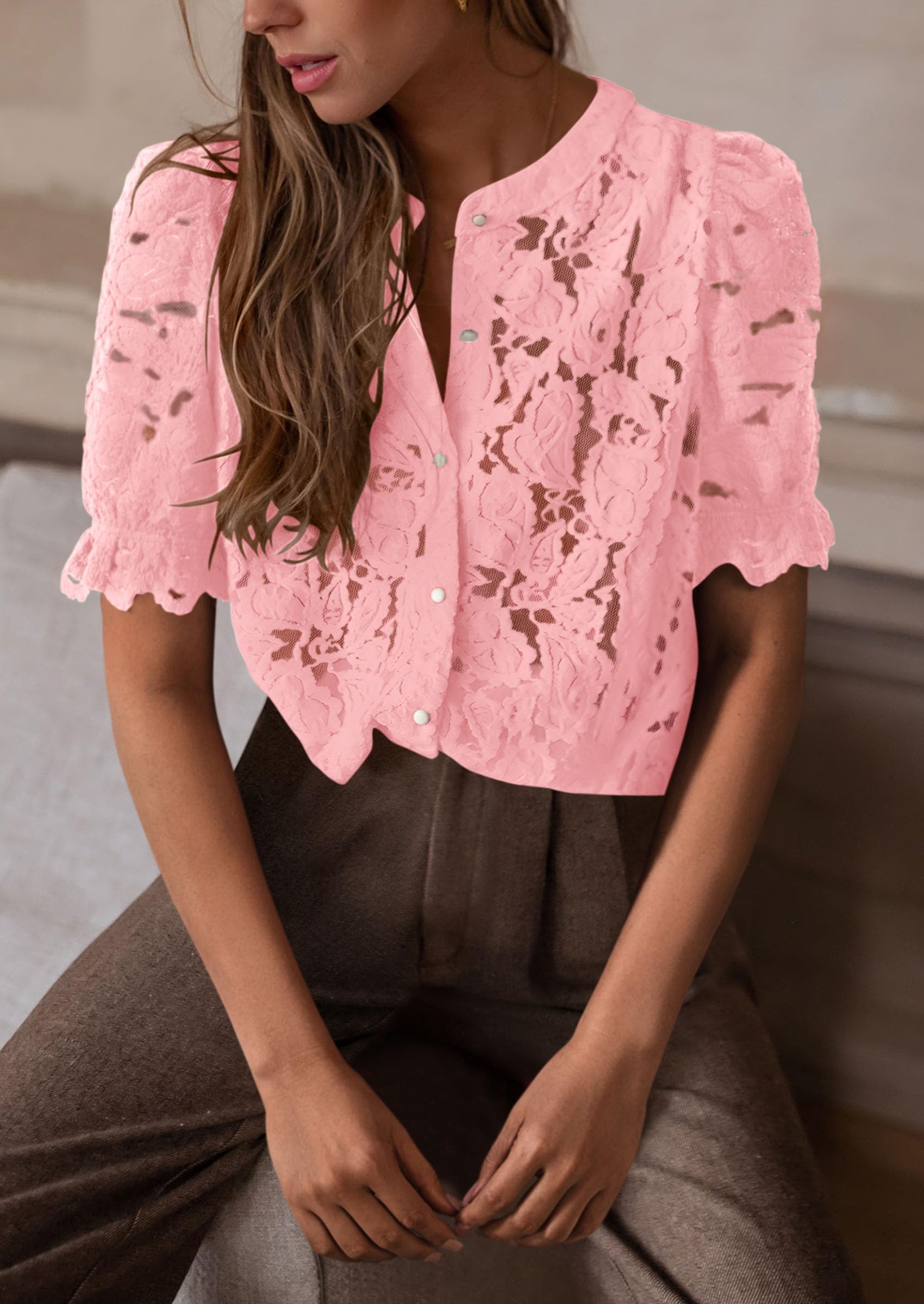 PRETTYGARDEN Womens Spring Lace Tops Short Puff Sleeve Casual Dressy Blouses Eyelet Crew Neck Button Down Shirts