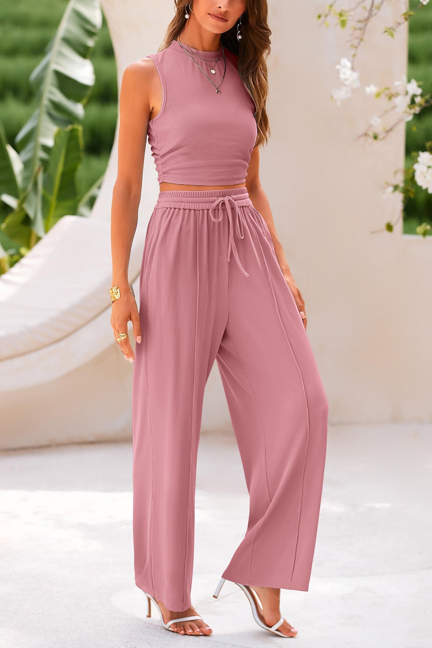 2 Piece Outfits Ribbed Knit Lounge Sets Tracksuit Sleeveless Crop Tank Tops Wide Leg Casual Pants