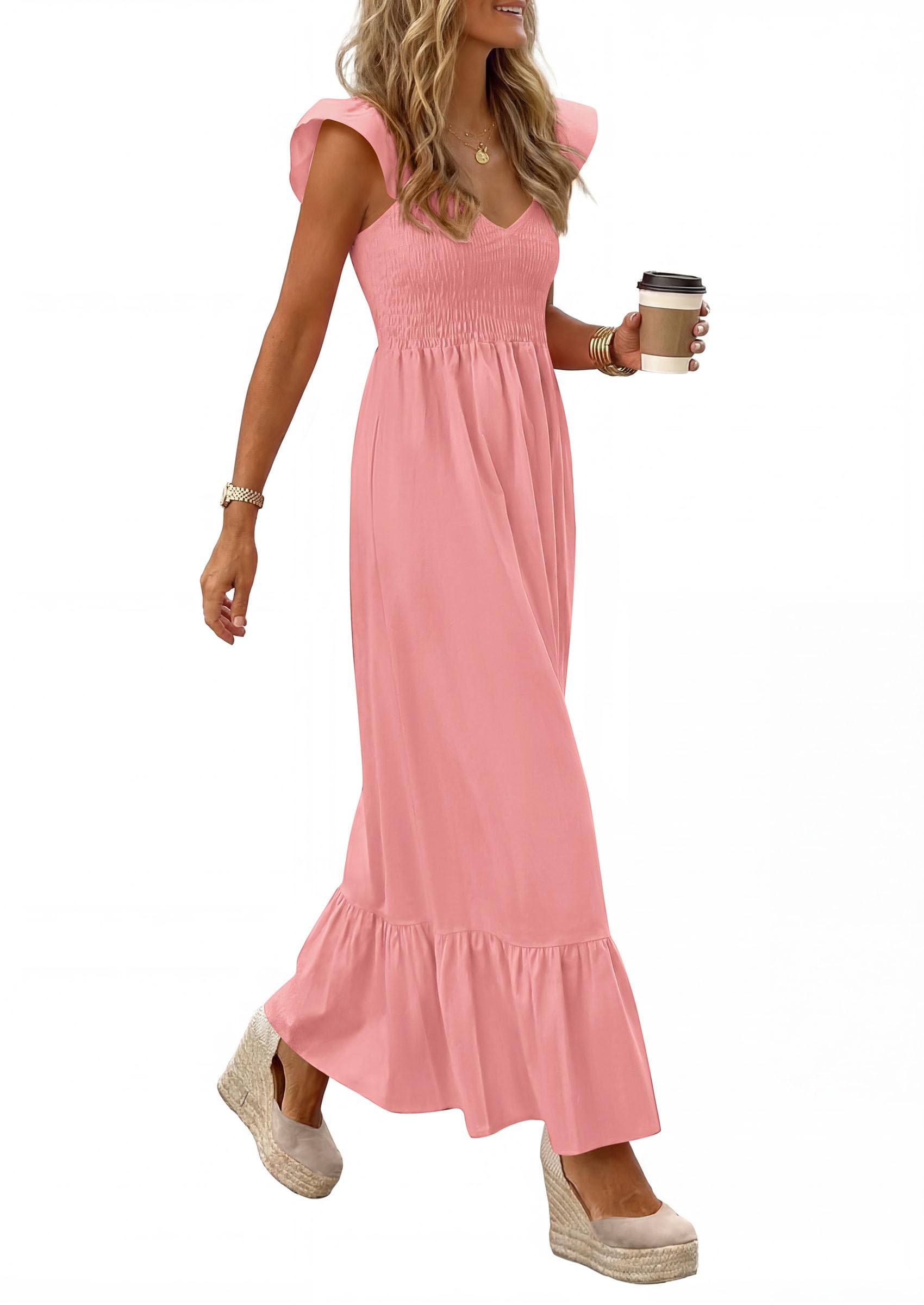 PRETTYGARDEN Women's Summer Casual Maxi Dresses Cap Sleeve V Neck Smocked Long Pockets Party Sundress Vacation Outfits PRETTYGARDEN