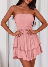PRETTYGARDEN Women's Summer Strapless Tube Mini Dress Off Shoulder Smocked Ruffle A Line Flowy Short Party Club Dresses