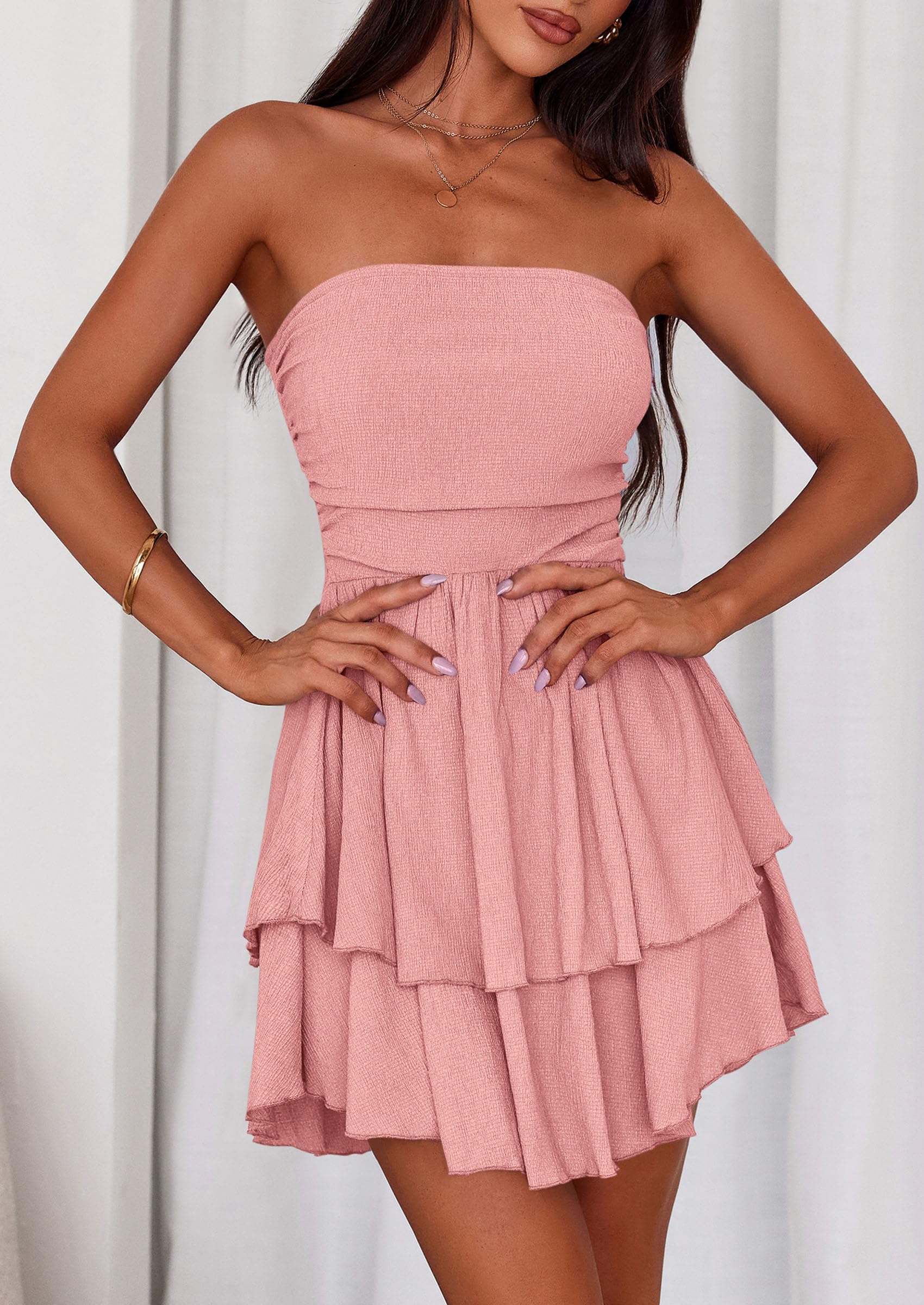 PRETTYGARDEN Women's Summer Strapless Tube Mini Dress Off Shoulder Smocked Ruffle A Line Flowy Short Party Club Dresses