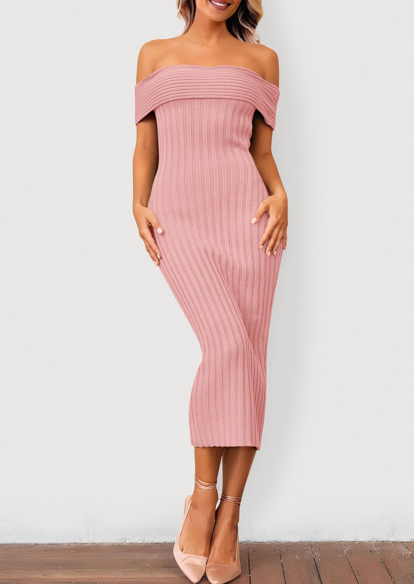 Women's Off The Shoulder Sweater Dresses 2025 Summer Elegant Ribbed Knit Midi Bodycon Wedding Guest Dress