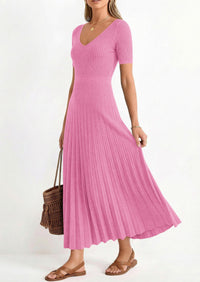 PRETTYGARDEN Women's Spring Midi Sweater Dresses Elegant Pleated Ribbed Knit Short Sleeve V Neck A Line Summer Outfits PRETTYGARDEN