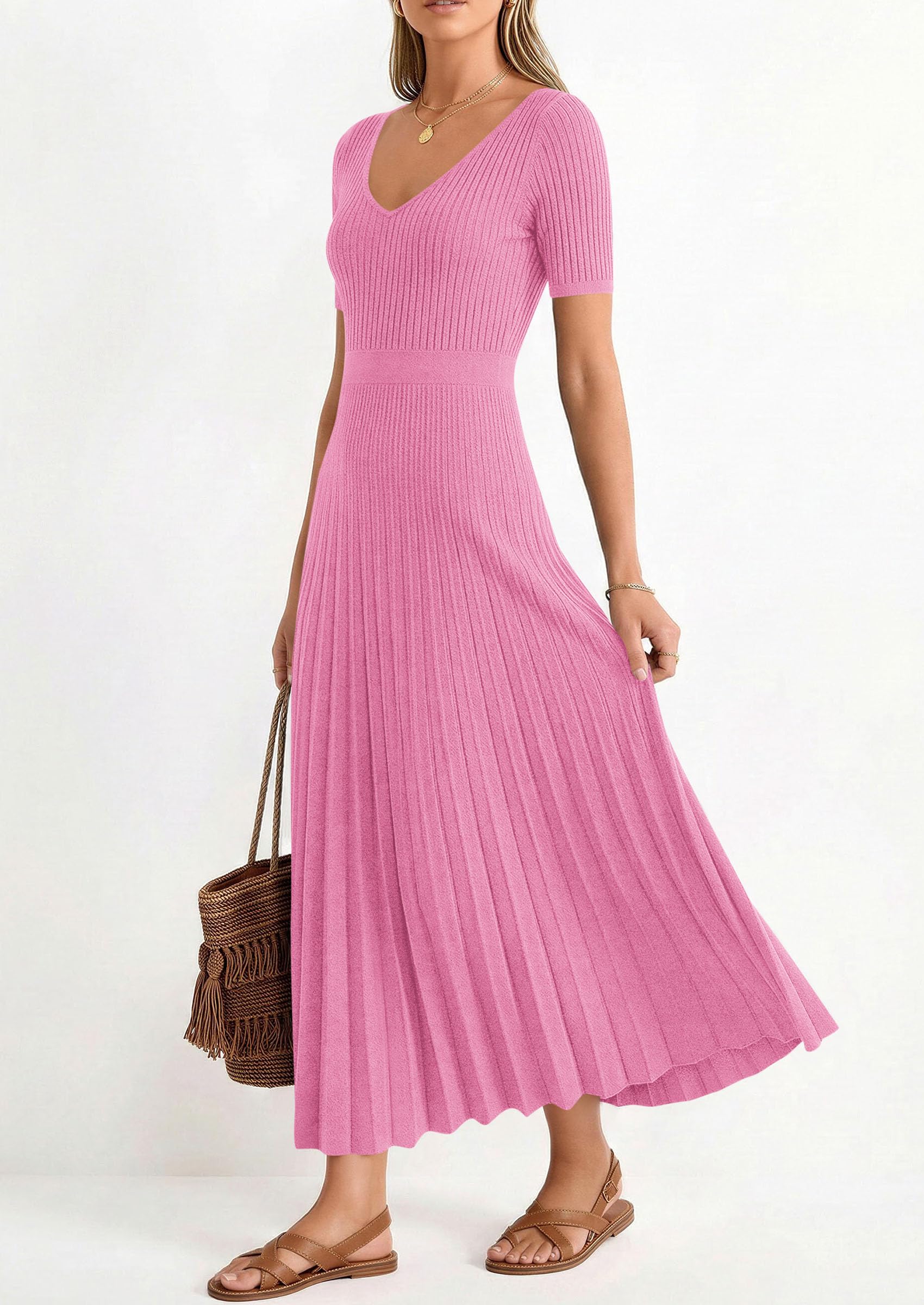 PRETTYGARDEN Women's Spring Midi Sweater Dresses Elegant Pleated Ribbed Knit Short Sleeve V Neck A Line Summer Outfits PRETTYGARDEN