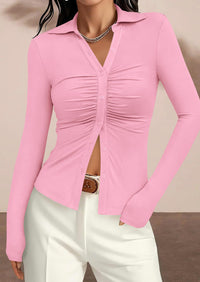 PRETTYGARDEN Womens Button Down Shirts V Neck Collared Ruched Slim Fit Long Sleeve Shirt Casual Fall Fashion Ladies Tops PRETTYGARDEN