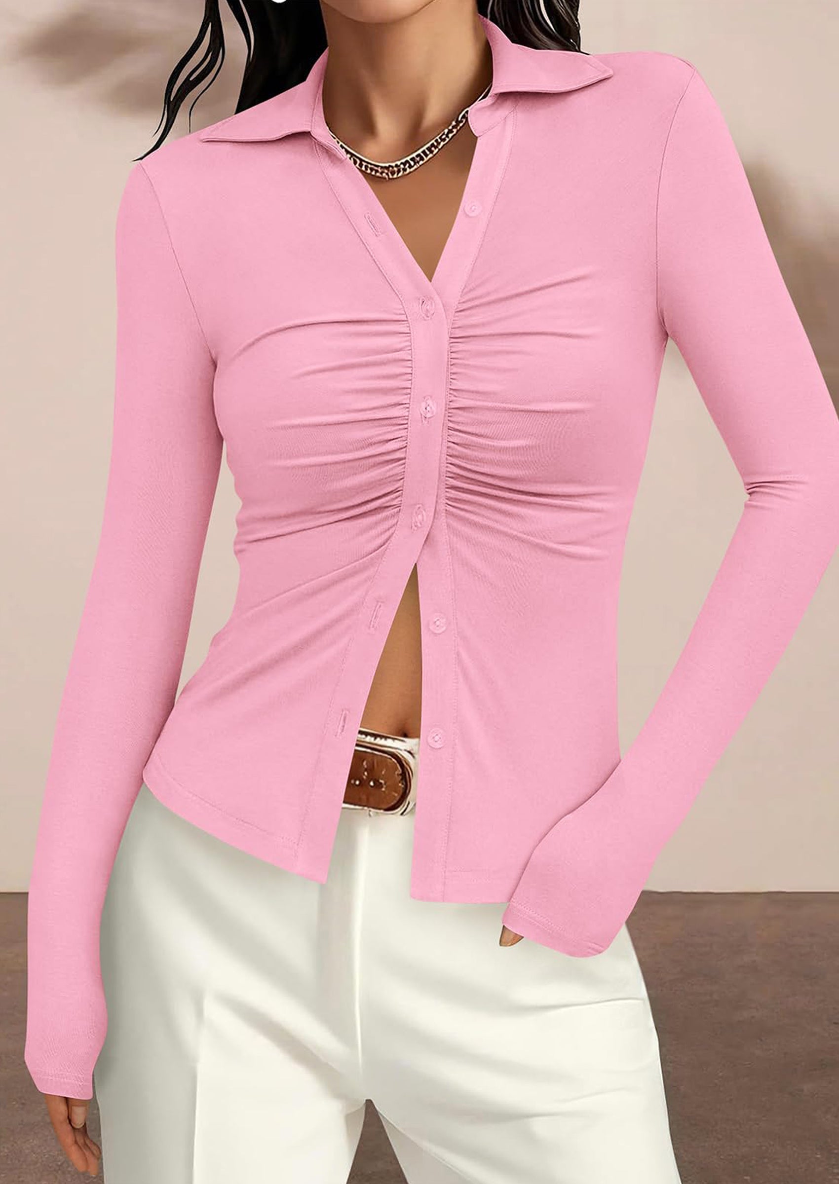 PRETTYGARDEN Womens Button Down Shirts V Neck Collared Ruched Slim Fit Long Sleeve Shirt Casual Fall Fashion Ladies Tops PRETTYGARDEN