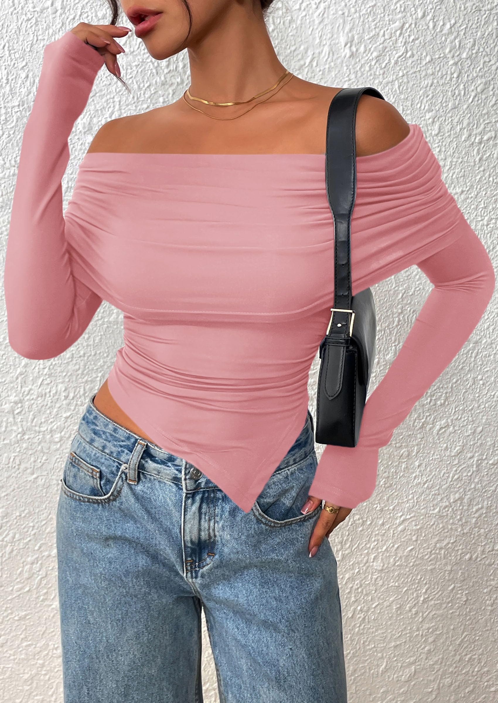 PRETTYGARDEN Women's Long Sleeve Shirts Off Shoulder Tops Going Out Slim Fitted Y2K Blouses Fall Fashion Clothes