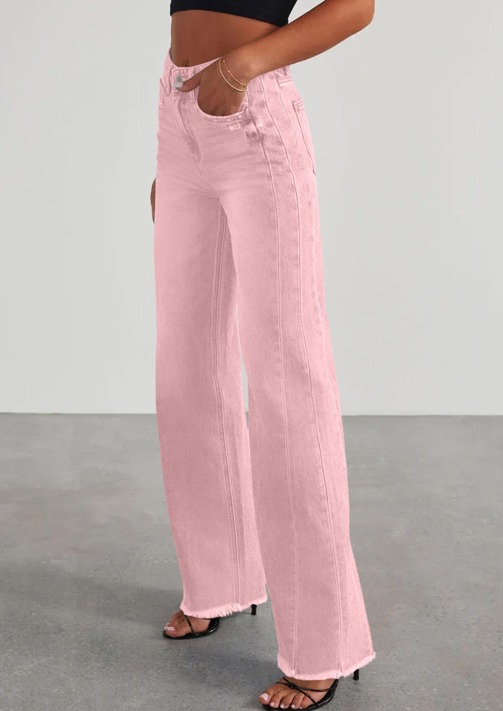 PRETTYGARDEN Wide Leg Jeans for Women Trendy High Waisted Stretchy Baggy Raw Hem Denim Palazzo Pants with Pockets