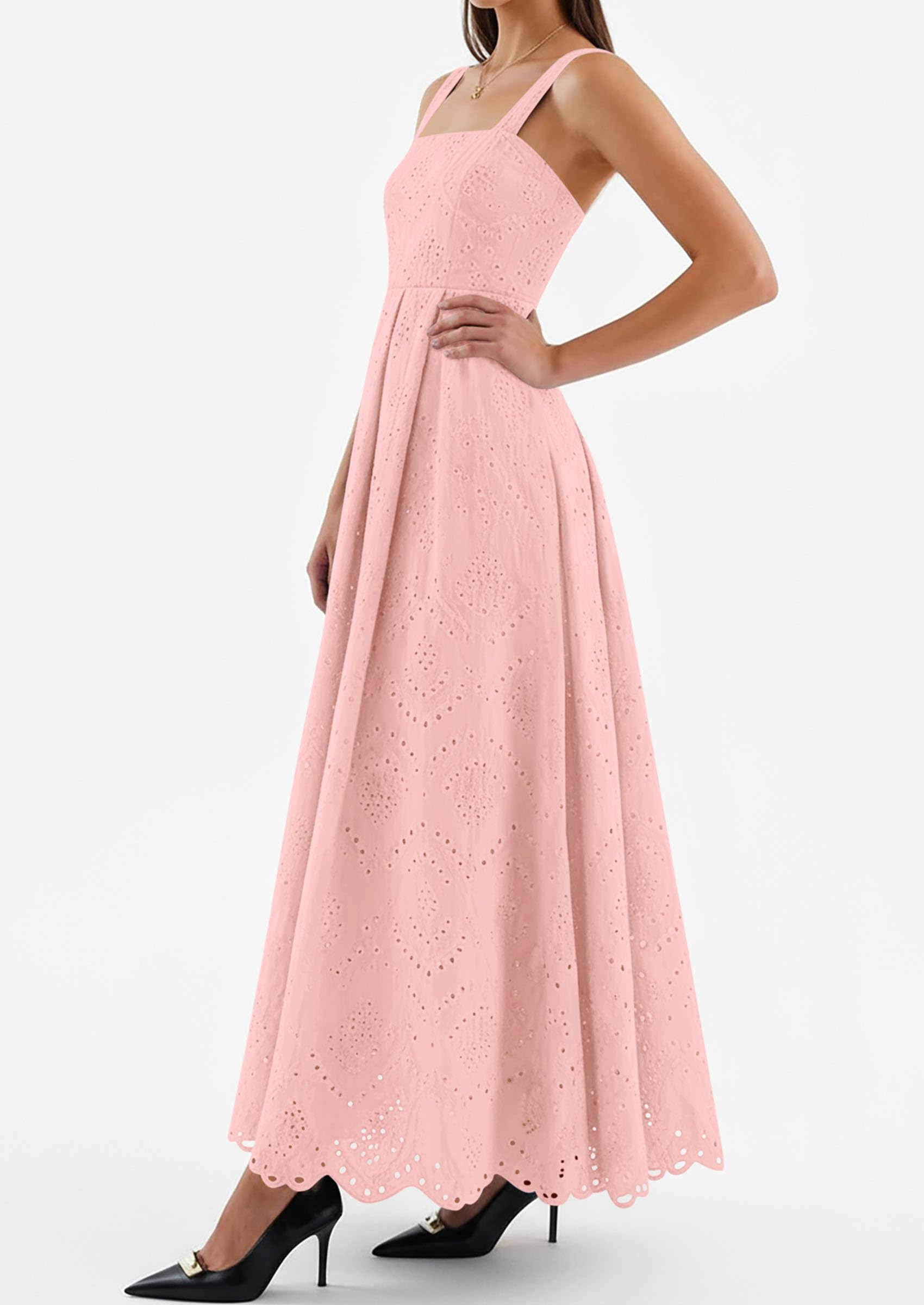 PRETTYGARDEN Womens Sleeveless Maxi Summer Dresses Hollow Out Eyelet Square Neck Ruffle Flowy Beach Vacation Sundress PRETTYGARDEN