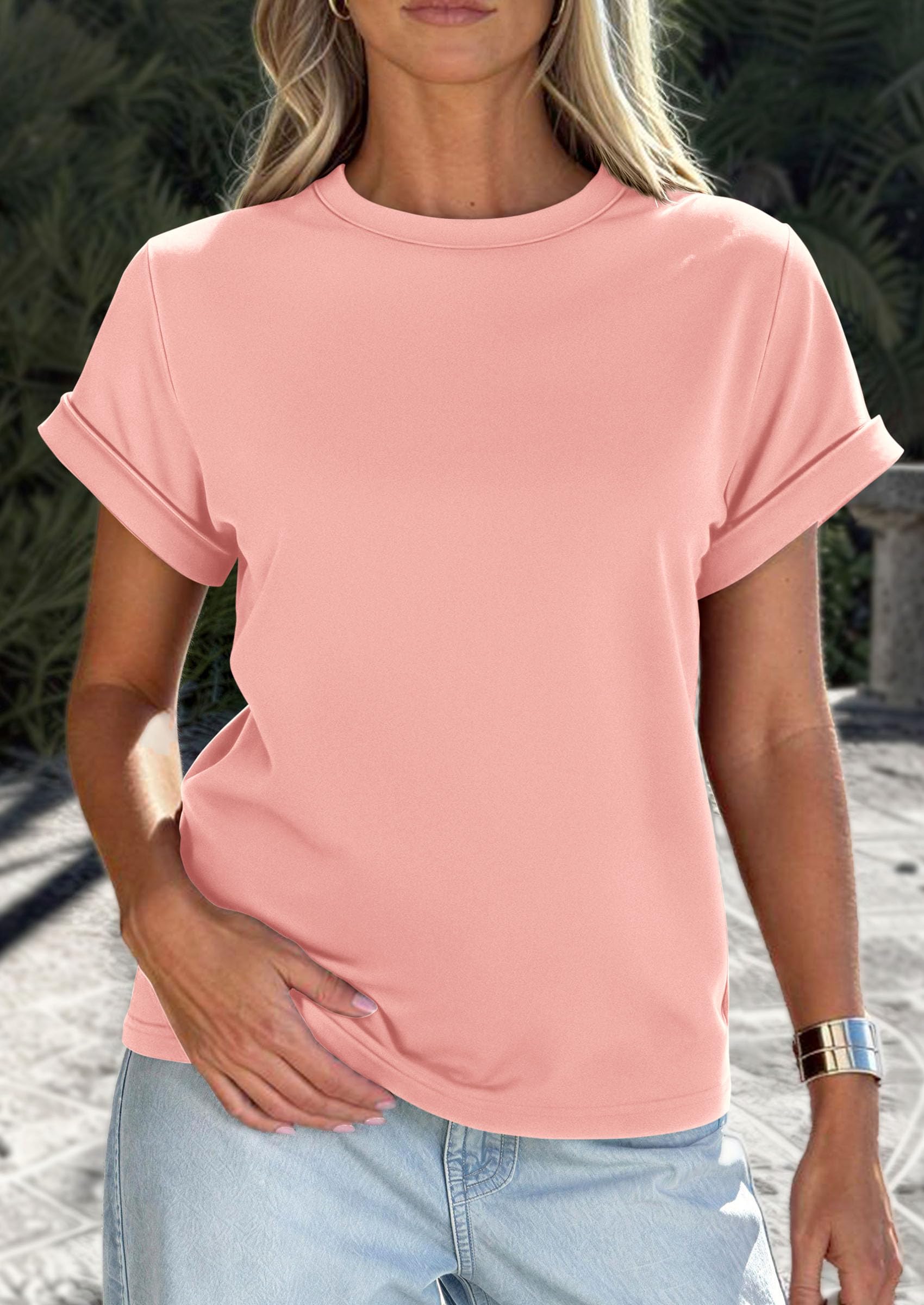 PRETTYGARDEN Womens Summer Tops Spring Casual Rolled Short Sleeve Basic Tees Crew Neck Work Shirts Fashion Clothing PRETTYGARDEN