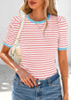 Women's Summer Puff Sleeve Casual Ribbed Knit Color Block Trendy Striped Pullover T-shirts