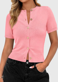PRETTYGARDEN Womens Casual Summer Short Sleeve Cardigans Button Down Knitted Sweater Basic Crew Neck Crop Tops