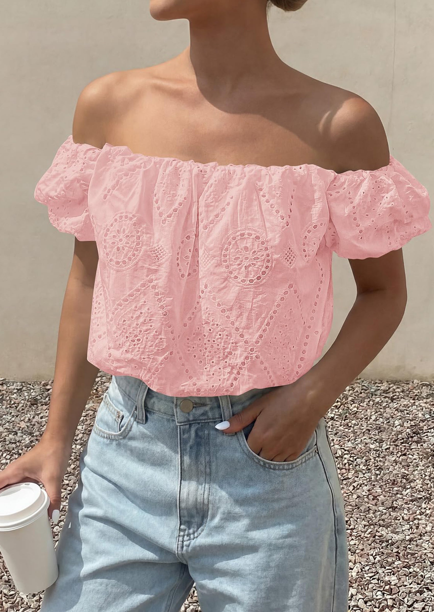 PRETTYGARDEN Women's Summer Off The Shoulder Tops Dressy Casual Puff Short Sleeve Embroidered Eyelet Cute Blouse Shirts PRETTYGARDEN