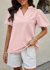 Womens Casual Summer V Neck Short Puff Sleeve Pleated Cotton Loose Dressy Blouses