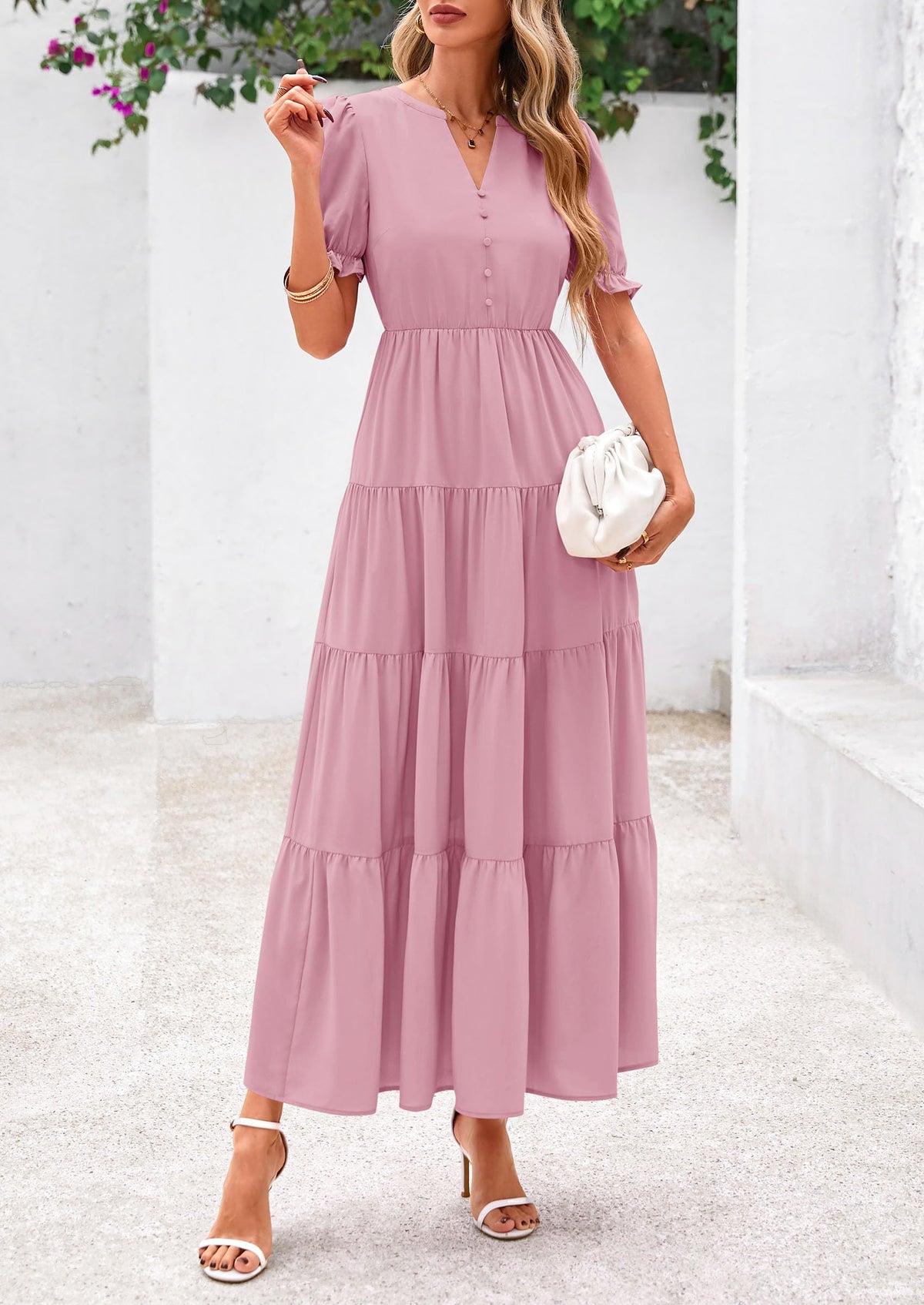 Women's Casual Summer Maxi Dress 2025 Spring Short Sleeve V Neck Tiered Flowy Beach Vacation Dress with Pockets